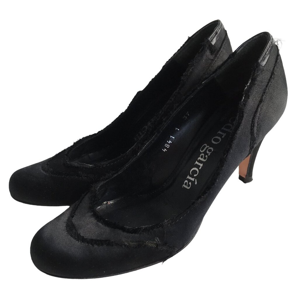 Pedro Garcia Black Satin Mid Heel Pumps